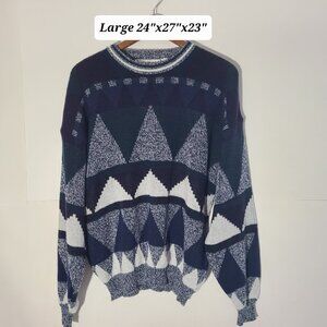 Vintage 80s/90s Michael Gerald Geometric Blue/Green/White Large Men's Sweater